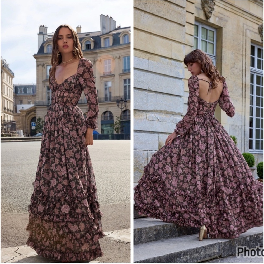 Vโ Chapman Carmella Dress In Chocolate Peony Floral Maxi Gown Corset Size 6